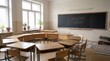 © velikiyzayats - Empty Classroom with Wooden Desks and Welcome Back Chalkboard Message for Back to School Season Concept