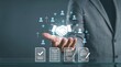 © Dreamscape - Digital contract signing process, verified agreement checklist, partnership approval document, holographic handshake icon, electronic signature technology