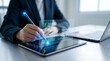 © MHS-AI - Business professional using digital stylus to sign holographic document on tablet screen representing secure electronic signature and paperless office workflow technology in modern workspace