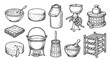 © Tayba - Vintage dairy production icons, hand drawn cheese making equipment set, rustic milk processing tools and farmhouse kitchen vector illustrations