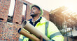 © peopleimages.com - Construction, thinking or black man outdoor with blueprint, operation plan or mindset in building review. Documents, low angle or engineer with ppe, project insight or progress reflection on site.