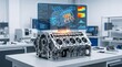 © MRSUTIN - Aluminum V8 engine block cylinder casing on laboratory desk with a floating diagnostic performance billboard