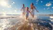 © Idowu Babas - A joyful family with a young child running and splashing in the shallow ocean water at a sunny beach, young couple having fun on the beach, happy young couple having fun in the sea
