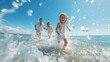© Idowu Babas - A joyful family with a young child running and splashing in the shallow ocean water at a sunny beach, young couple having fun on the beach, happy young couple having fun in the sea