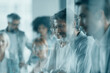 © Will-han - Futuristic business meeting in a modern office tower, executives interacting with holographic UI displays and data visualizations, collaboration and innovation theme, bright natural light, polished co