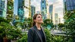 © mevideo - Young business woman using tablet in futuristic smart city garden with holographic interface around skyscrapers showing businesswoman female professional technology finance innovation data innovation