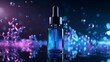© mevideo - Cosmetic serum bottle on glowing futuristic beauty background with floating molecules showing skincare science anti aging treatment hydration luxury cosmetics dermatology premium facial care concept
