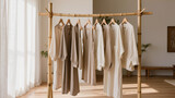 Natural Linen Clothing on Bamboo Rack in Sunny Minimalist Room