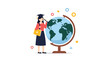 © Kulsum - Graduated student in academic attire looks through a telescope at a large globe globe representing global education and discovery.