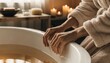 © ng-TDRD - A person in a bathrobe gently touching the edge of a filled bathtub, surrounded by lit candles creating a cozy, relaxing ambiance.