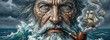© Margarita Ratatosk - Elderly bearded man as old sailor with weathered face and barnacles smoking pipe on stormy sea background. Banner with copy space