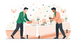 © Arno - Two men in suits placing floral arrangements and serving dishes on long banquet table decorated with confetti in event hall setting.