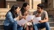 © N7 - Academic Collaboration Concept: Vibrant Indian Students Discussing Exam Papers on Sunny Campus Steps