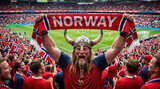 Norway Soccer Fan in Viking Helmet Holding Supporter Scarf