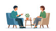 © sharon - Modern flat vector illustration of a man and woman sitting in armchairs during a therapy session or consultation, with a side table and potted plant, isolated on a white background.