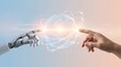 © 7IMJAGO - Robot and human hands touching glowing digital network sphere, AI collaboration and future technology concept