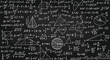 © Ruhul - Complex mathematical and physical formulas, equations, and geometric diagrams hand drawn with white chalk on a dark chalkboard background.