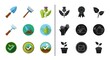 © Hungarian - Gardening and Horticulture Icon Set Featuring Trowel Rake Watering Can and Plants in Flat and Silhouette Styles