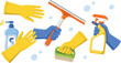 © ovi - Cleaning Supplies Vector Set with Squeegee Spray Bottle Soap and Rubber Gloved Hands for Housekeeping and Janitorial Service Designs