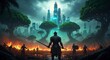 © Raihan Stock - Futuristic warrior leading an army toward a glowing cyber city in battle scene