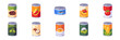 © point of BORT - Set of canned food icons with soup, beans, corn, peaches, olives, coconut milk, and chili products for supermarket grocery shelves, pantry storage, and cooking, colorful collection with illustrations