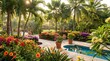 © mrrnill - Tropical garden paradise with lush palm trees, vibrant exotic flowers, swimming pool, and stone pathways, creating a luxurious resort atmosphere.