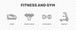 © Abstract - fitness and gym icon set with trainers, dumbbells exercise, lifting dumbbells, rowing hine signs in flat outline style