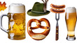 © Conor - Isolated collection of traditional German Oktoberfest items including beer, pretzel, hat, and sausages
