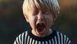 © john - A young boy, with his eyes tightly shut and his mouth wide open, screams loudly. He has blond hair and is wearing a striped jumper. An outdoor scene shows a strong emotional display from the toddler.