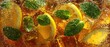 © Olga Ко - Refreshing macro texture of iced tea with lemon, mint, and sparkling bubbles.