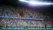 © DC Studio - Computer graphics corner post on soccer pitch with fans in stadium stands on rainy night, 3D illustration close up of waving red and black corner flag on football field getting wet by rain.