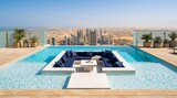 Luxury Rooftop Infinity Pool with Sunken Lounge Area Overlooking Modern City Skyline Skyscrapers, High-End Real Estate, Travel Lifestyle and Architecture Concept Design