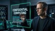 © FiligreeDigital - Man interacting with a futuristic holographic interface displaying 'Confidential Computing' and related technical terms