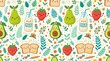 © Arbain - Smiling cartoon pears, strawberries, avocados, toast, and milk in a sweet food pattern
