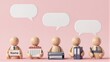 © joeycheung - Five wooden figures hold office items, each with a speech bubble above.