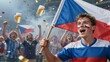 © joeycheung - Excited Czech fans celebrate with flags, beer, and confetti at a lively sports match.