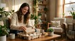 © world - Happy woman unboxing sustainable product in a sunny eco-friendly home