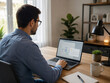 © morita - Man in Glasses Working on Laptop with Calendar Alert in Modern Office