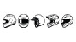 © ClipsByAnderson - Set of five detailed motorcycle helmets in a clean black and white vector graphic style