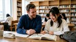 © pinchos - Happy Japanese student smiling broadly as she understands a lesson from a Western male English tutor in a library