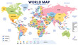 © Graphixa - Detailed colorful world map featuring all sovereign nations with clear country names and ocean labels presented in a vibrant flat design style isolated on transparent background