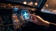 © NK - Finger touching glowing holographic airplane interface inside aircraft cockpit with radar clock and boarding pass icons showing flight booking aviation technology and air travel