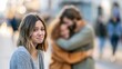 © StockHero - Young woman with shoulder-length dark blonde hair stands in foreground, appearing sad, while a couple embraces in the background on an urban street with soft daylight