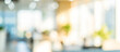 © birulaut - A soft focus shot of a modern office interior with bright natural light filtering through large windows and green plants in the background.