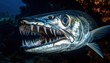 © MohamadIzzat - Close-up of a powerful barracuda fish with sharp teeth and open jaws in the dark ocean depths