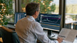 © Tania - Over the shoulder view of a compliance officer reviewing a central bank digital currency transaction audit log on dual monitors, a printed regulatory framework document open beside the keyboard, a q