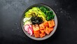 © deni - Salmon Poke Bowl with Avocado and Fresh Radish. An attractive salmon poke bowl features generous slices of salmon, fresh avocado, cucumber, radish, and seaweed on a bed of rice.