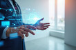 © YouraPechkin - Businessman interacting with glowing blue digital hologram interface in office