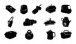 © AL - Collection of household appliances and kitchenware silhouettes set in minimalist black and white graphic design style for domestic utility tools