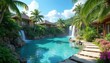 © Viktor - Tropical resort with cascading waterfalls and clear turquoise pool. Luxurious villas nestled among lush green plants and palm trees. Stone pathway leads to serene waters. Paradise island vacation.